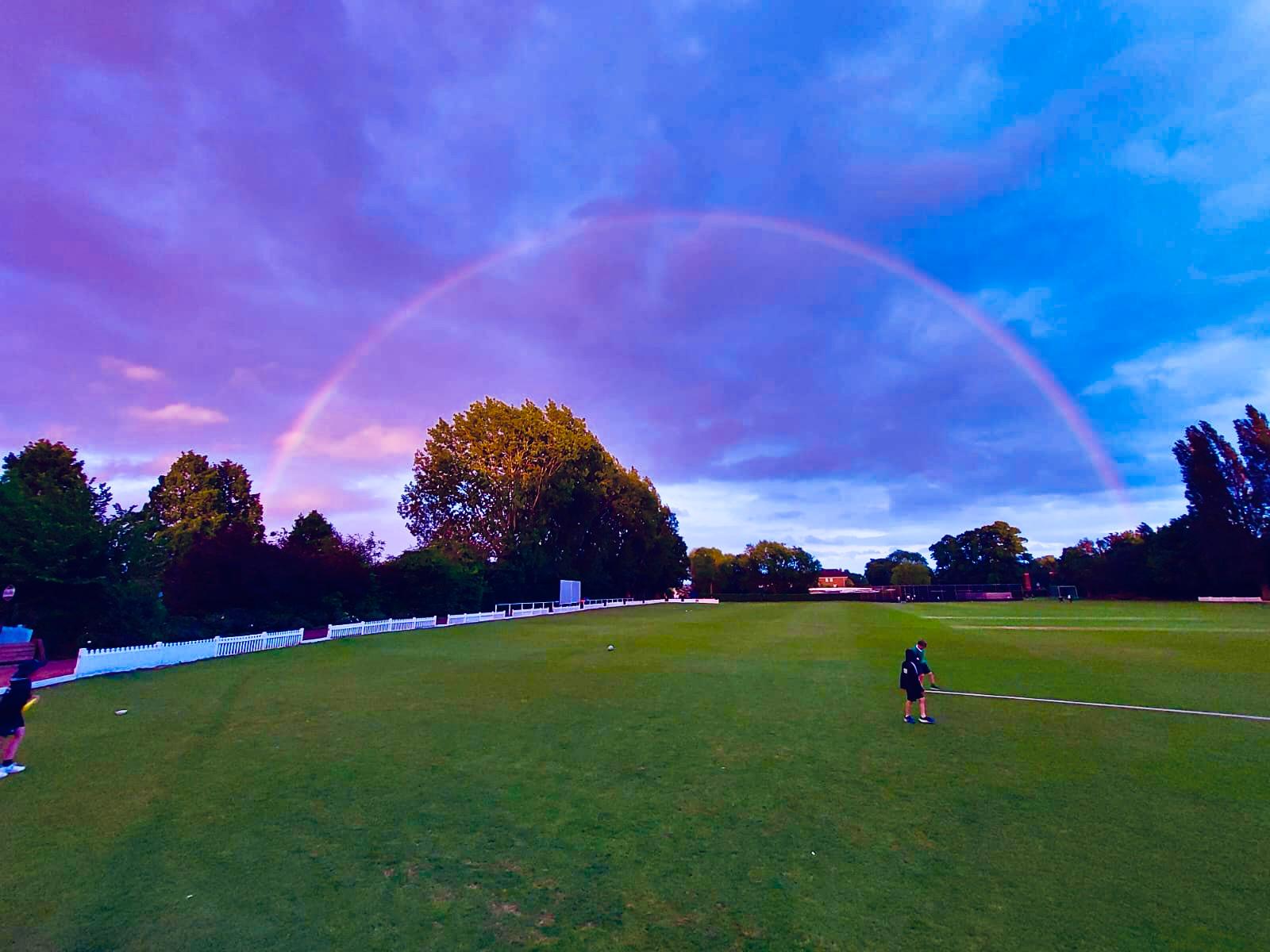 A rainbow arcing over the cricket pitch at East Molesey