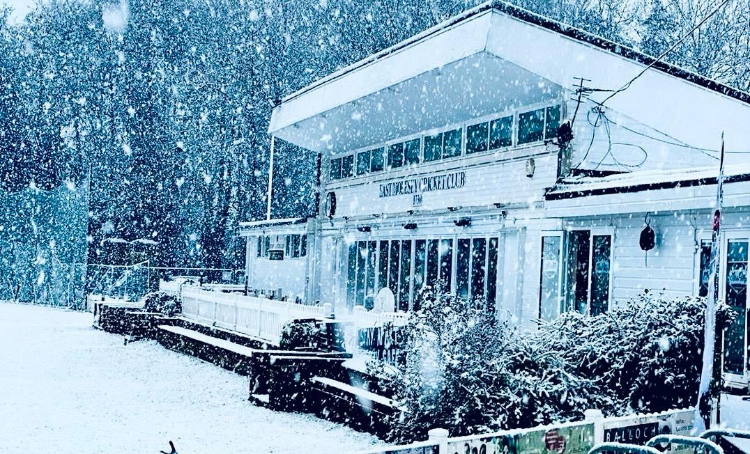 The East Molesey clubhouse in falling snow